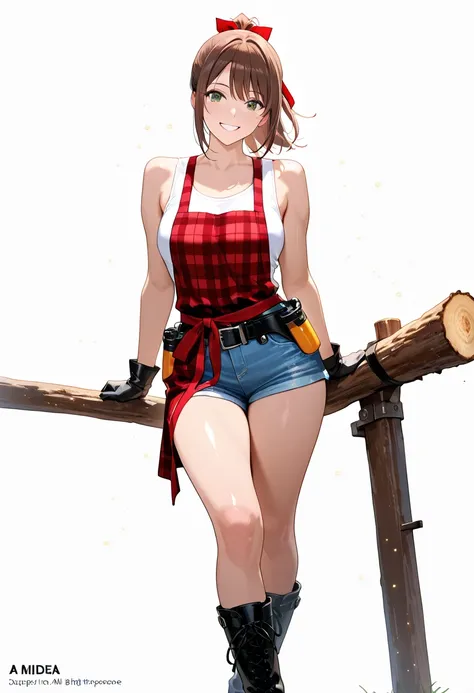  green eyes、super realistic,high quality,Detailed,4K Rendering,white studio background with,Smiling face,A highly detailed, vibrant anime-style image in an extreme long shot of a luminous young female log builder in her early 20s, carrying a log to load on...