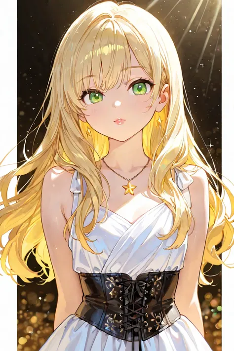 Young,  Beautiful blonde woman,  around 20 years old , long golden blond hair over the shoulders,  side fringe, light skin that shines in sunlight, appearing to contain star fragments, hair shiny like starlight, bright green eyes, long white dress with gli...