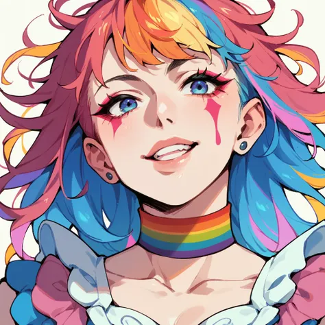 Anime girl with clown makeup and long, colorful hair with a rainbow over her head 