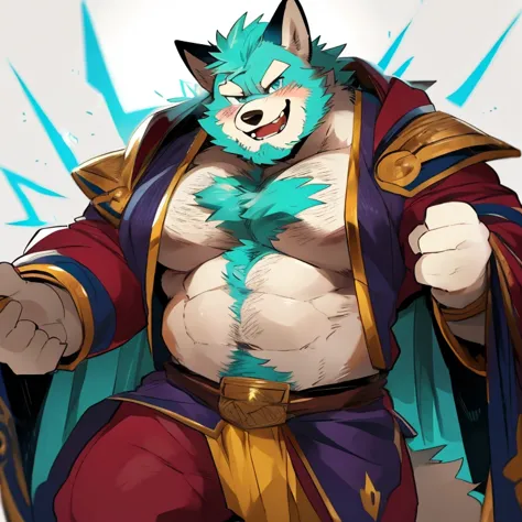 fox, furry, light cyan electric color fur, electric powers, electricity, handsome, very muscular, very big, extremely hot and sexy, beard, hair, chest hair, charming eyes, solo, male, happy expression, daddy, full body, big body, purple medieval clothes, m...