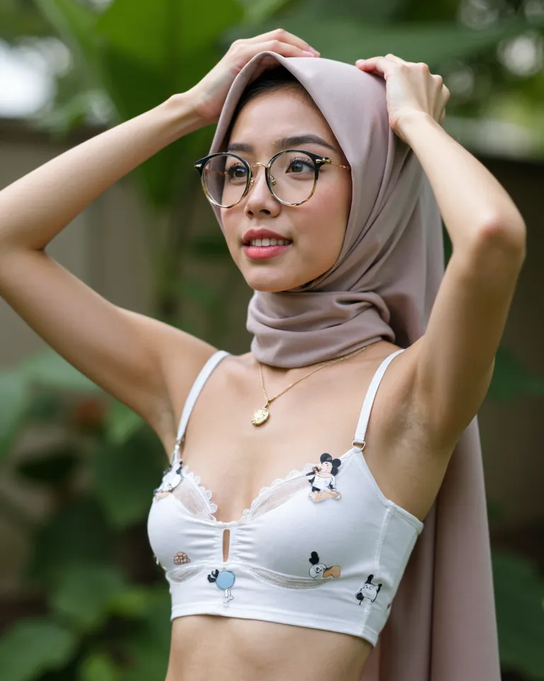 a beautiful young Malay girl aged 19. Wearing hijab and eyeglasses, Skinny and petite body. wearing a white cartoon characters cotton bra,  at backyard background. Daylight, Standing pose, both hands on the head, Drooling, jewelry, eyeglasses, full body sh...