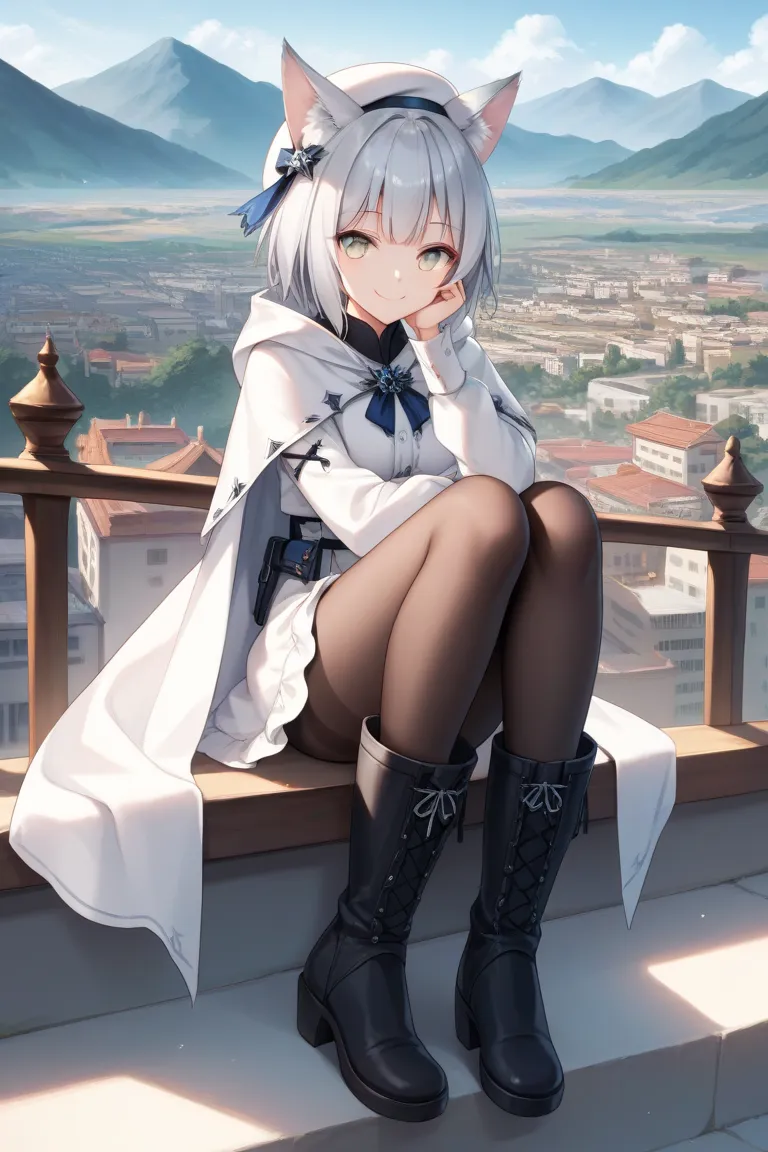 masterpiece, best quality, anime style, 1girl, cute girl, wolf girl, wolf ears, smile face, short hair, silver hair hair, silver eyes, white beret, white long cape, rest of the clothes in blue and black, pantyhose, black boots, standing, looking at viewer,...