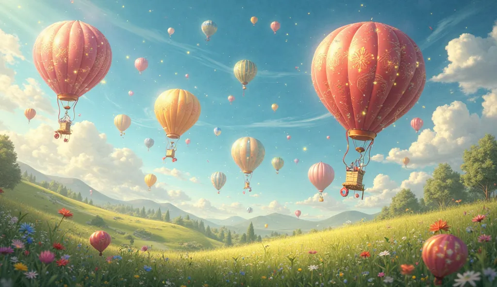 Many charming sparkling twinkling balloons in a fantastic country