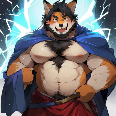 fox, furry, light cyan electric color fur, electric powers, electricity, handsome, very muscular, very big, extremely hot and sexy, beard, hair, chest hair, charming eyes, solo, male, happy expression, daddy, full body, big body, purple medieval clothes, m...