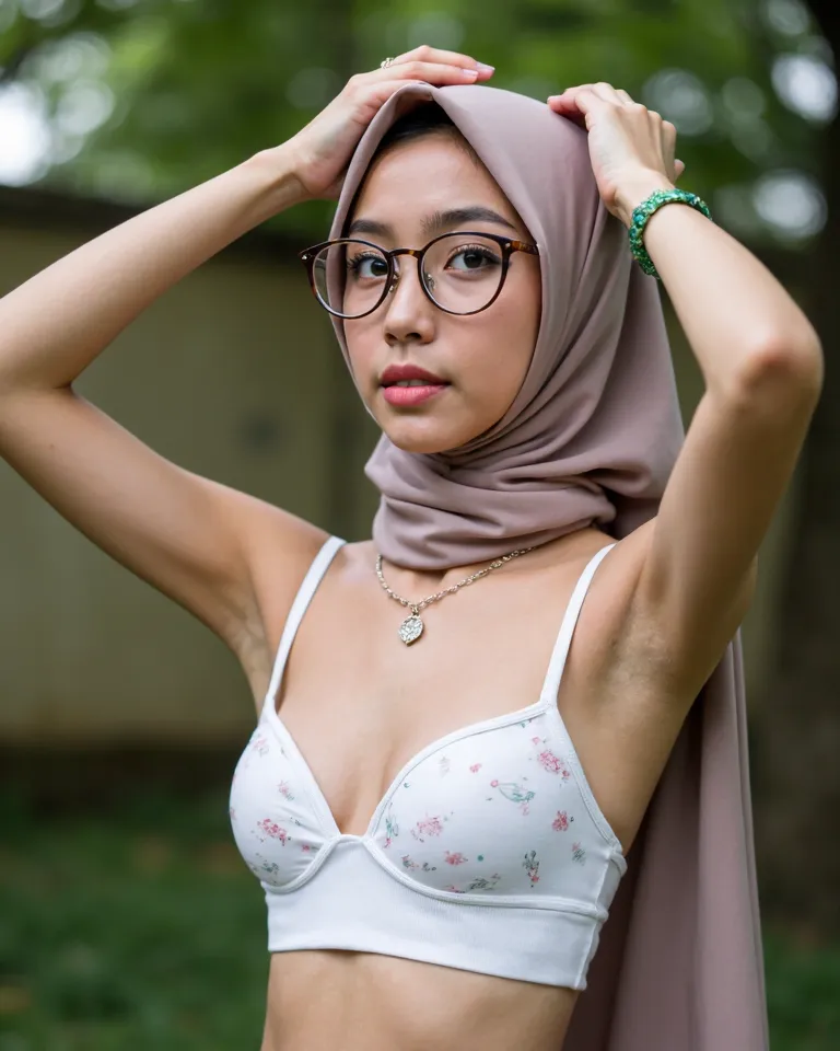 a beautiful young Malay girl aged 19. Wearing hijab and eyeglasses, Skinny and petite body. wearing a white cotton bra with cartoon pattern,  at backyard background. Daylight, Standing pose, both hands on the head, Drooling, jewelry, eyeglasses, full body ...