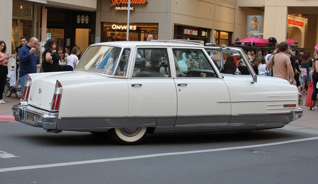 Side review picture of 1989 Cadillac Bleetwood brought   in white color in shopping mol his wheels color white