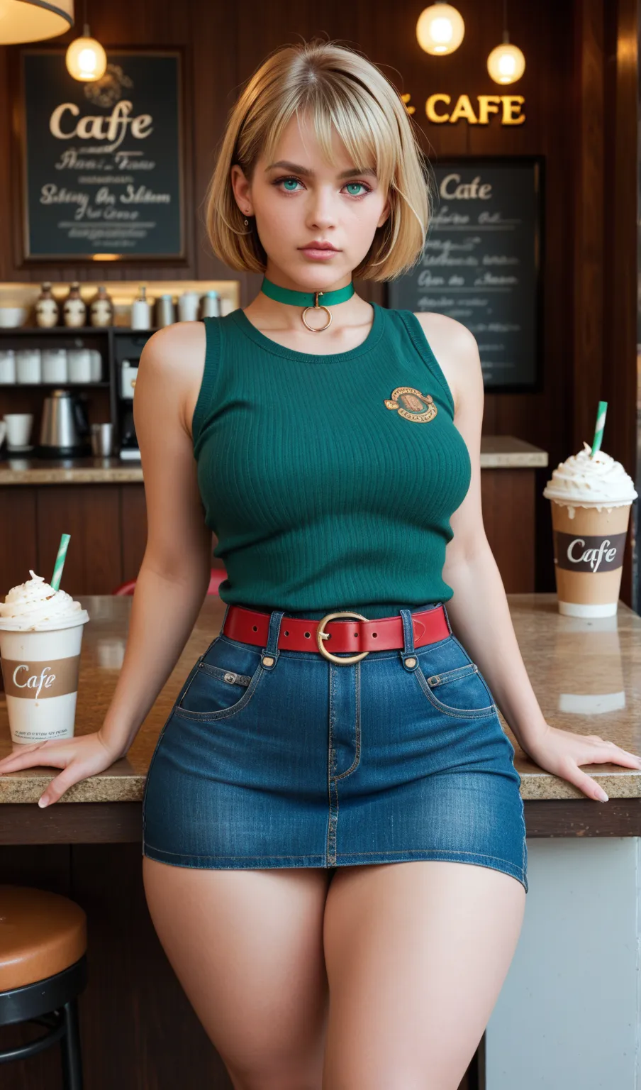 Ashley Graham/ Resident Evil 4 Remake, turquoise eyes,  Serious Look T-Shirt, blond hair, short hair,  green choker , Upper O-ring, sweater café, sleeveless,  waist layer ,  denim skirt, red belt, thick thighs, wide hips,  fat ass, fcPortrait  