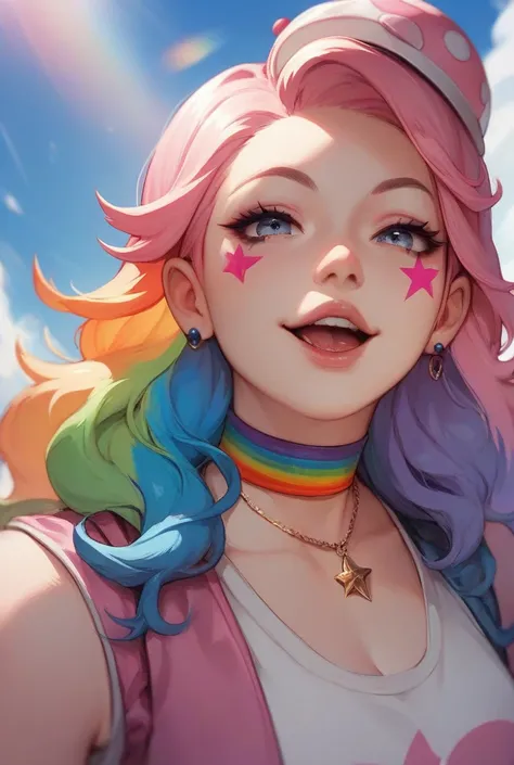 Kawaii anime girl with clown makeup and long, colorful hair with a rainbow over her head 