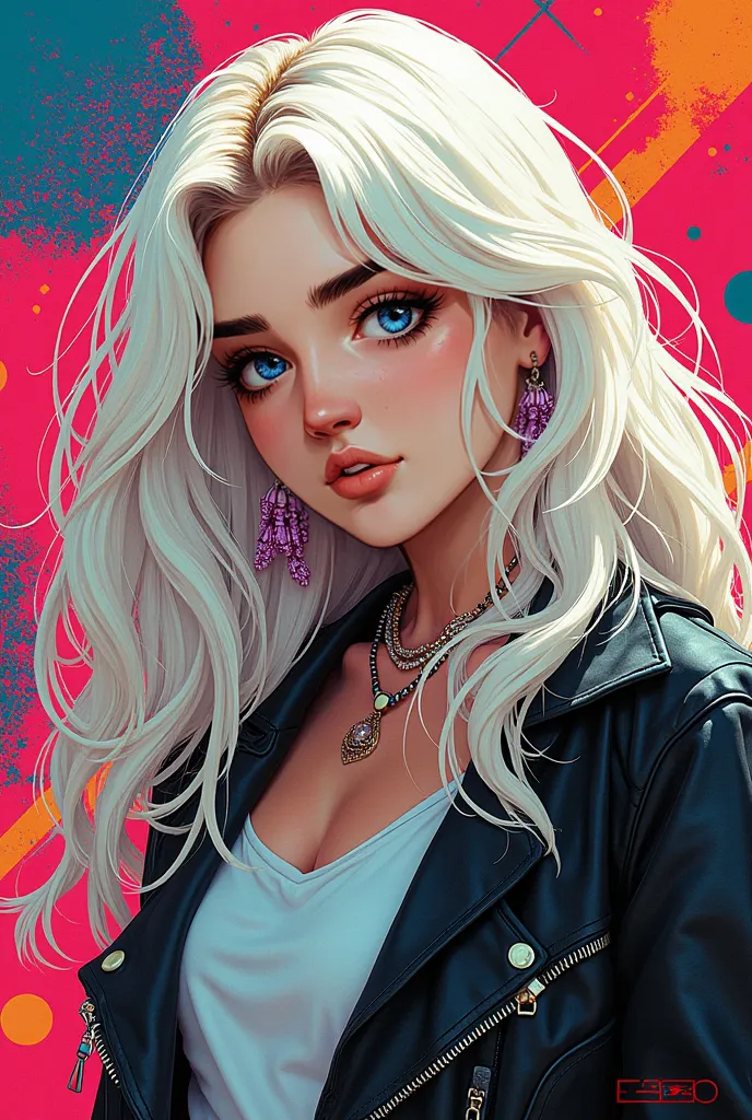 Make an image of a pop art and comic style, Where does she have long white hair with colored locks (Few), light eyes and pale skin, Monica Jovem's Gang style, HQ. Use this image as a reference.