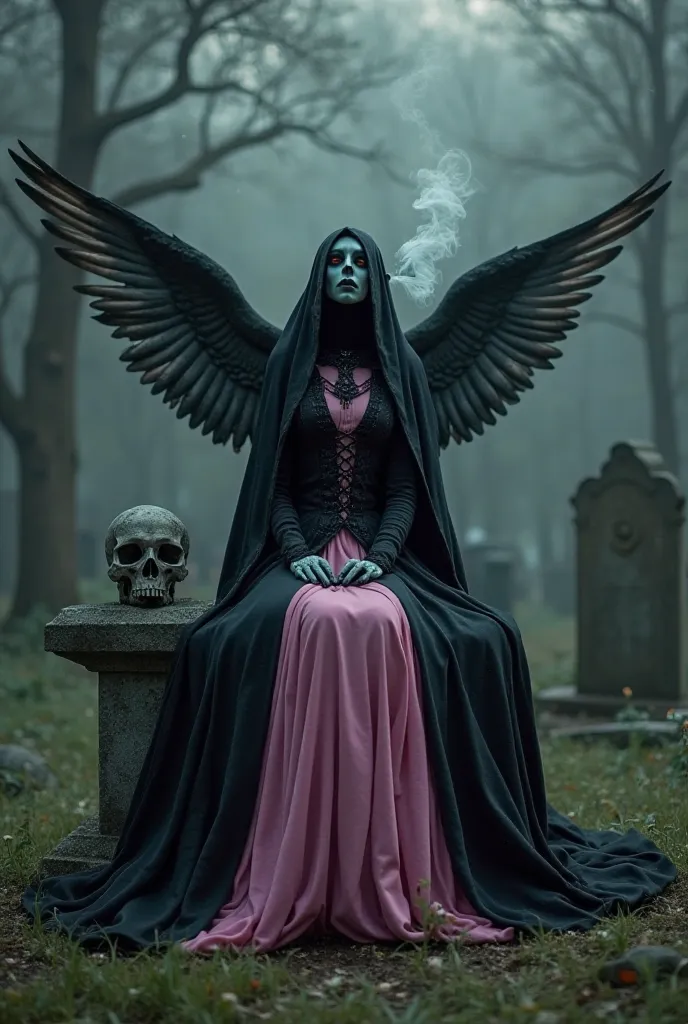 The spinning dove sitting on a grave wearing a black and pink dress, smoking a cigarette, At your side exu skull, with a long cape covering everything, showing just a little of her face, landscape at the cemetery at night