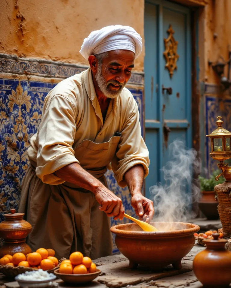 Hyper-realistic illustration, Don Lawrence-style: A weathered Moroccan Tagine Master Chef in a cream/saffron djellaba, cobalt selham, and silver Berber jewelry stirs a cracked clay tagine (steaming goat meat, olives, preserved lemons) on a table in a sunli...