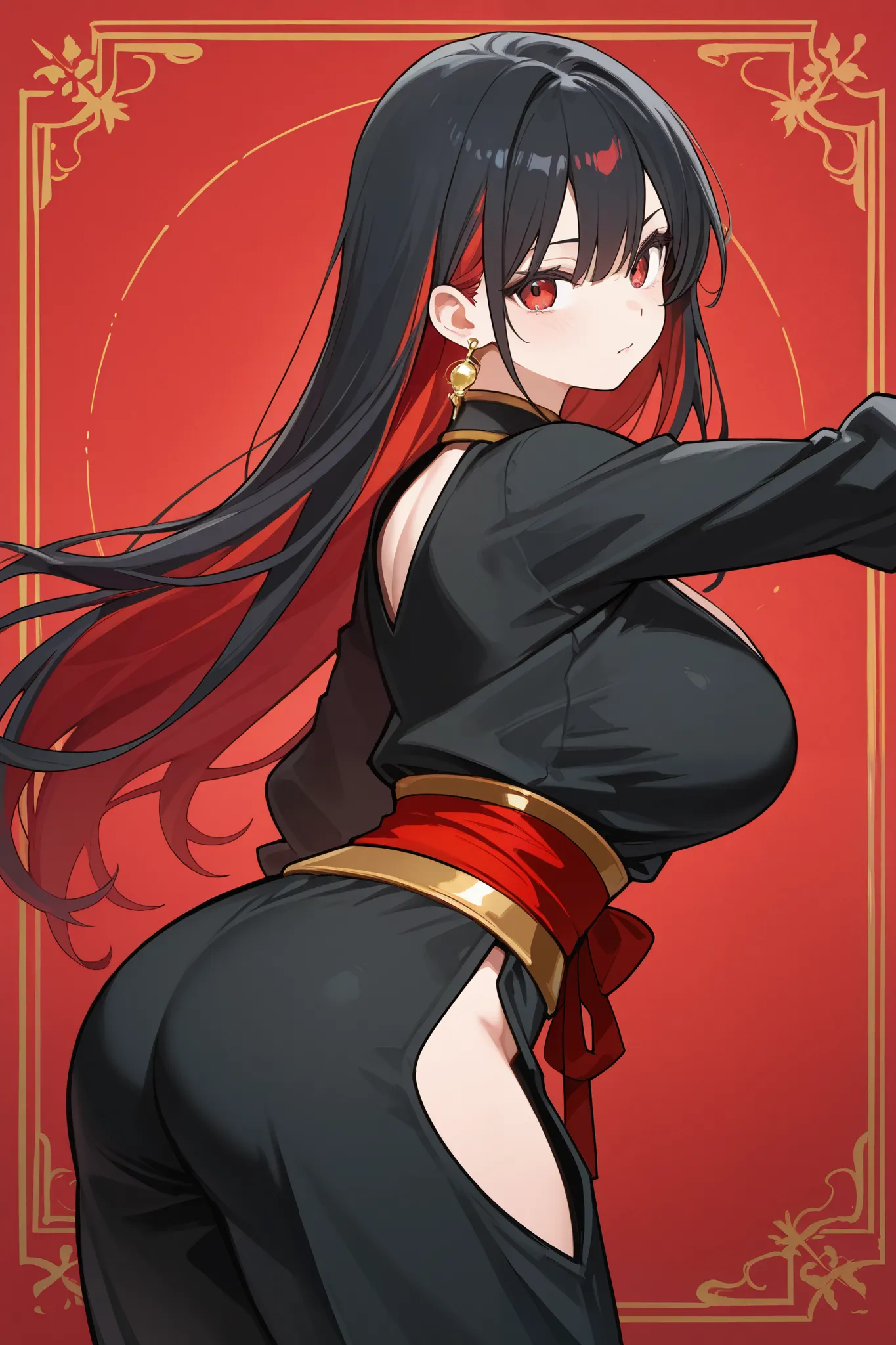 1 girl, Hair length reaches the back, Black hair with some red hair on the edges., red eyes, but not bright, curvy body, wear a sexy samurai outfit, หน้าอกไซส์ปานกลาง, have a golden earrings