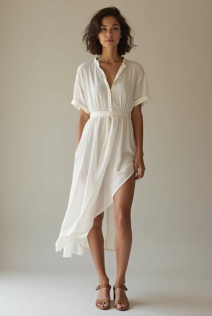 Realistic photo, Brazilian woman, short hair, standing, STOP, WEARING WHITE LINEN DRESS,  short sleeve, STRAPPY SANDALS AND SQUARE HEELS, neutral background
