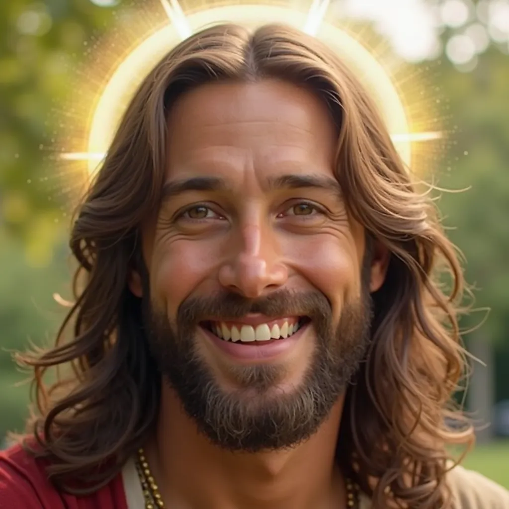 A close-up of the face of Jesus Christ, with long brown hair, a gentle beard, and light skin. He has a warm, inviting smile that radiates kindness and joy. His expression is serene and compassionate, with a subtle glow around his head. The lighting is soft...