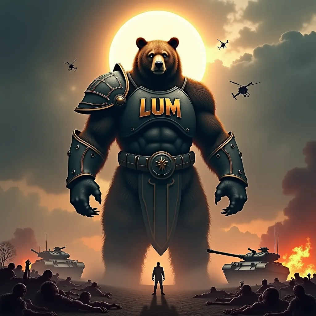 God of Bears, Powerful god, God of War, War Bear. Light armor with LUM written on it. Dark shadow Bear, Giant, sharp claws. Light dark clothing. Dark Aura, dark energy. Dark clouds in the sky. Dead zombies on the ground. Bloody battlefield. Fire, tanks and...