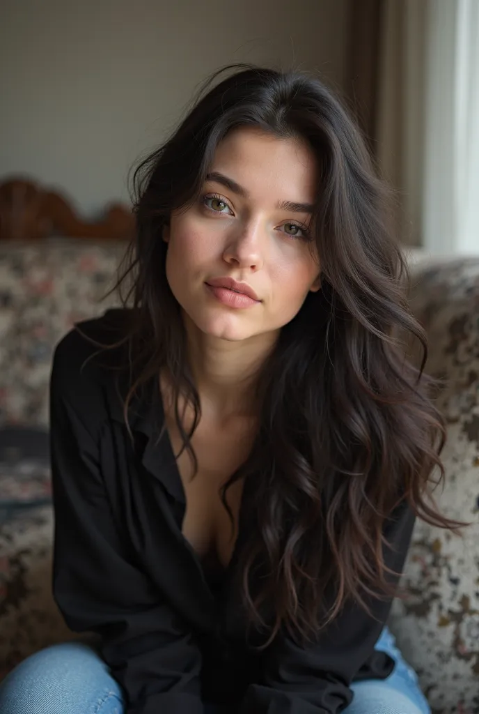 lovely  young attractive age girl,  From the village , 18 years old, ,  an Instagram model , black long_Hair, colorful Hair,  winter, dancing, wear a black blouse, Sitting on the couch at home , Clean face