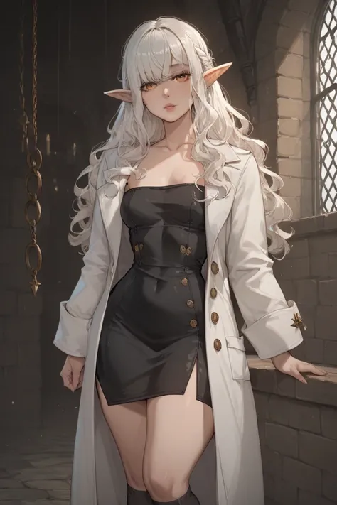 1 girl, long wavy white hair, bangs over eyes, golden eyes, elf ears, pale skin, voluptuous, short black dress, small breasts, white coat, black knee high socks, dark medieval fantasy, dungeon 