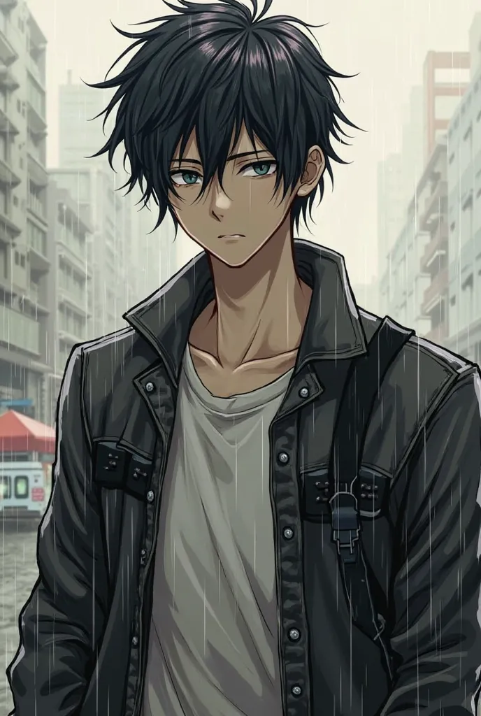 Ren Kurose

Description: 18-year-old,  with messy hair ,  Short and Dark , often wet in the rain. His face is serious, with a deep look that reflects melancholy and guilt.

Clothing style: Usually he wears a simple t-shirt and leather jacket or something w...