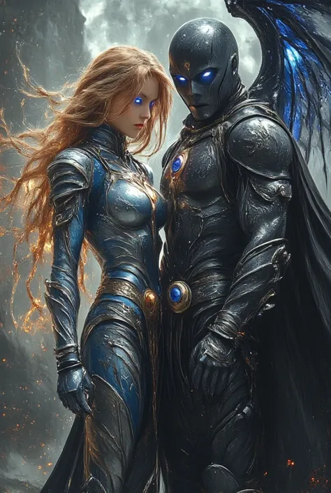 Here is a description of a couple of superheroes:

*Name:* Aurora e Eclipse

* Aparência:*
Aurora is a tall and athletic woman, with blond hair and bright blue eyes. She wears a silver and blue uniform, with a sun symbol on her chest.
Eclipse is a tall, mu...