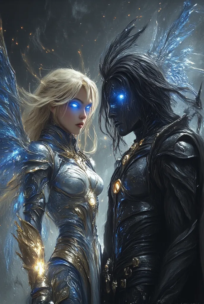 Here is a description of a couple of superheroes:

*Name:* Aurora e Eclipse

* Aparência:*
Aurora is a tall and athletic woman, with blond hair and bright blue eyes. She wears a silver and blue uniform, with a sun symbol on her chest.
Eclipse is a tall, mu...