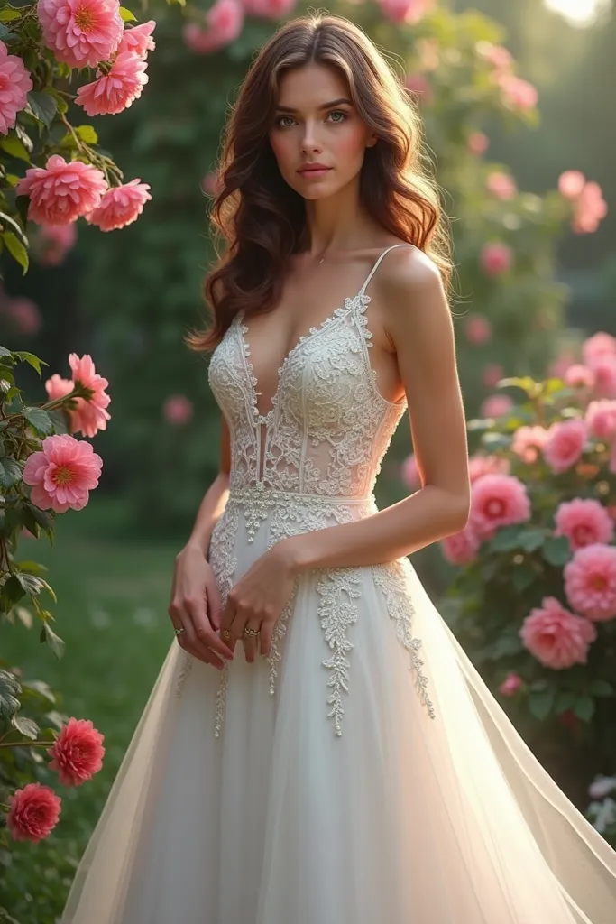 A beautiful woman with a perfect body, white dressed in a very glamorous dress and in the background a garden with pink flowers as a landscape. 