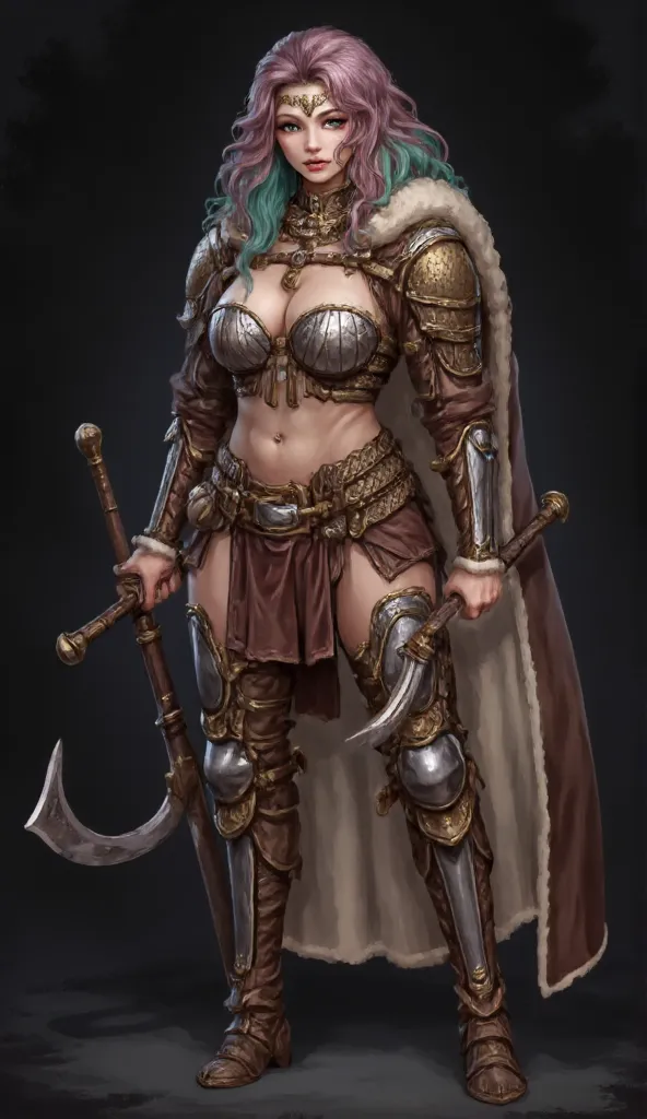 hyper realistic ,best quality,sexy,nice body,  masterpiece, detailed, warrior girl, random haircut, random color hair, chainmail,knight armor, armor, plate high heel boots, huge breasts, perfect face, beautiful face, fantasy, (((full body))), (((black back...