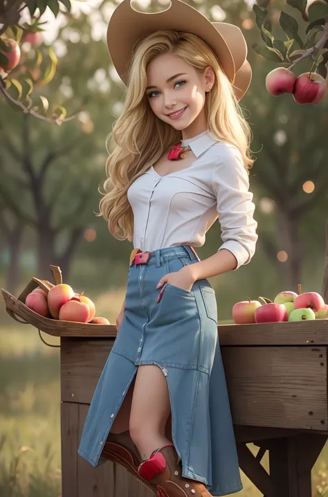 (  masterpiece ,  the best quality :1.2),  Cowboy shot , Alone, 1 girl, Mlpapplejack, They are smiling,   looking at the spectator ,  Long short hair   ,  charming smile ,  medium breasts ,  medium breasts ,  heels , sombrero,  late ,   has freckles on her...