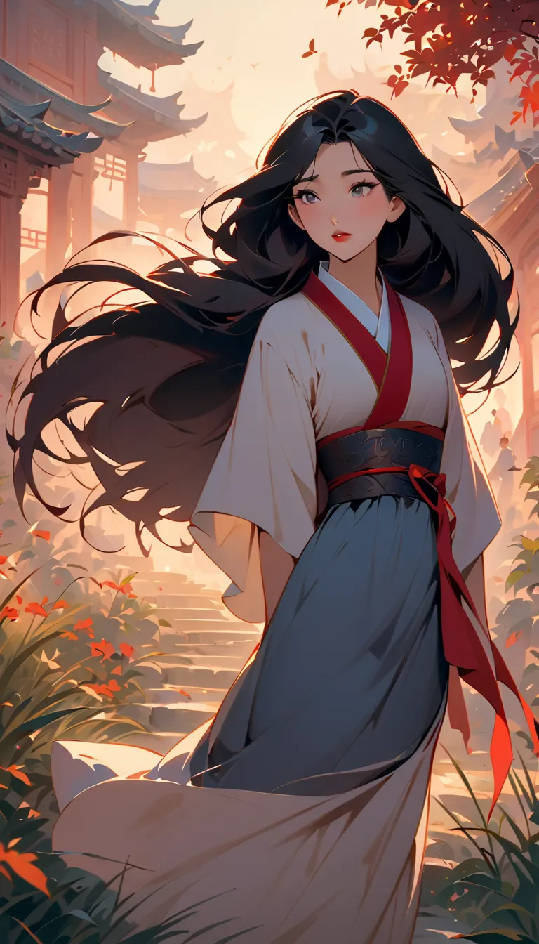 Hua Mulan，Show female bravery，shy，like a porcelain doll, fine features, delicate，Black and red color scheme，poster，iconic disney characters。shonen style, anime style, straight hair, big hair, ((long hair)) ,chinese young woman warrior, black hair, traditio...