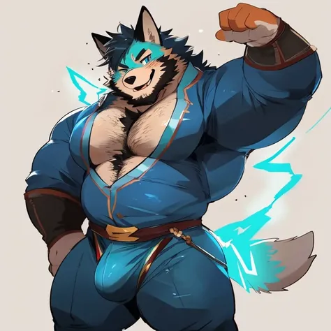 fox, furry, light cyan electric color fur, electric powers, electricity, handsome, very muscular, very big, extremely hot and sexy, beard, hair, chest hair, charming eyes, solo, male, happy expression, daddy, bulge, full body, big body, purple medieval clo...