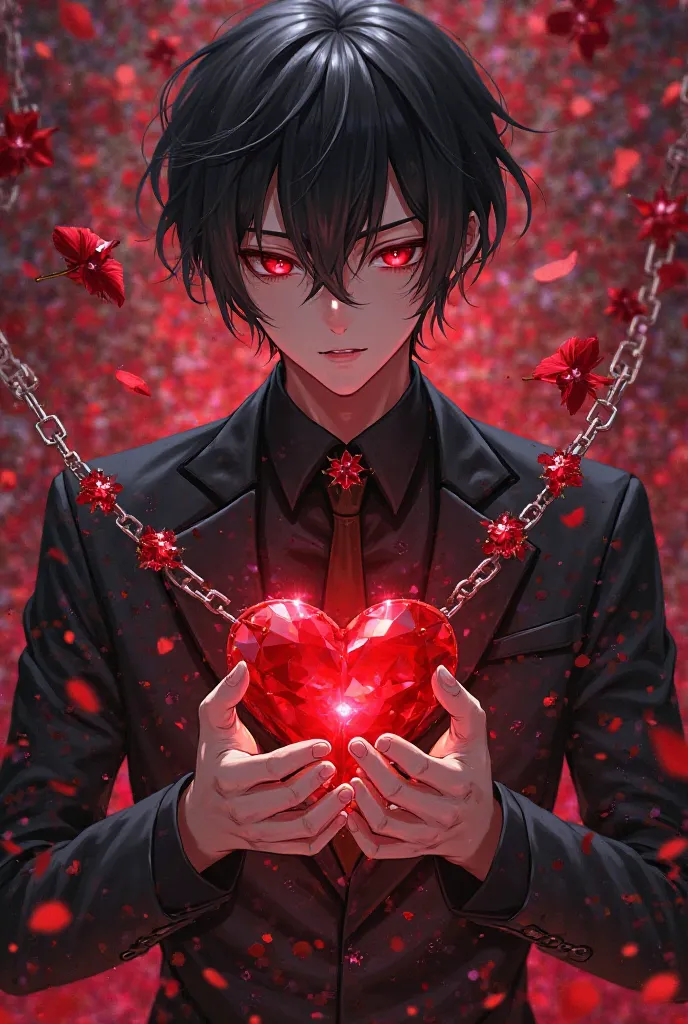 A young anime guy dressed in black in a suit.red eyes short black hair. In the hands a red diamond heart surrounded by chains . In the background, red petals and chains plus diamonds