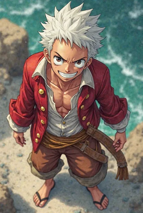 Make a one piece , He is 23 years old and has short white hair,  a crazy smile and has big eye pupils,  He wears pirate clothes in red and white,  Do it seen from above, Showing the entire body from head to toe 