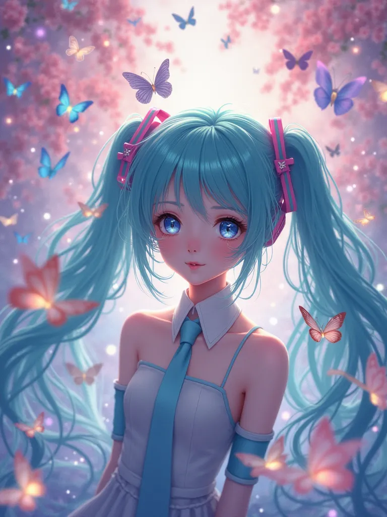 Hatsune Miku with butterflies flying on a dreamy fantasy background 