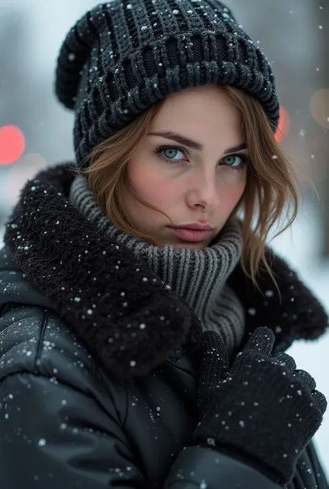 An insanely hot woman. She wears a winter police jacket, a turtleneck sweater under it, a beanie and some gloves. Her hair is short but amazing. She has a serious, yet seductive look. Her nose slightly blushing