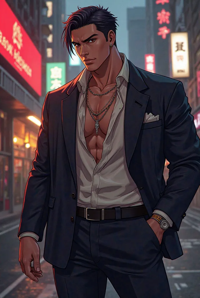 Generate a 26-year-old male character with a stocky body, An elegant gangster, short hair, with an intimidating look with thin necklaces and rings in anime format  