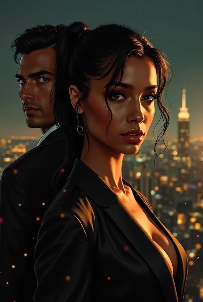 Create an image with these characteristics 1. Dark and elegant style (Classic Mafia)

A background with a city illuminated at night, with a dark and luxurious tone.

A BEAUTIFUL black woman, her light brown skin, in the front wearing a black suit dress,  w...