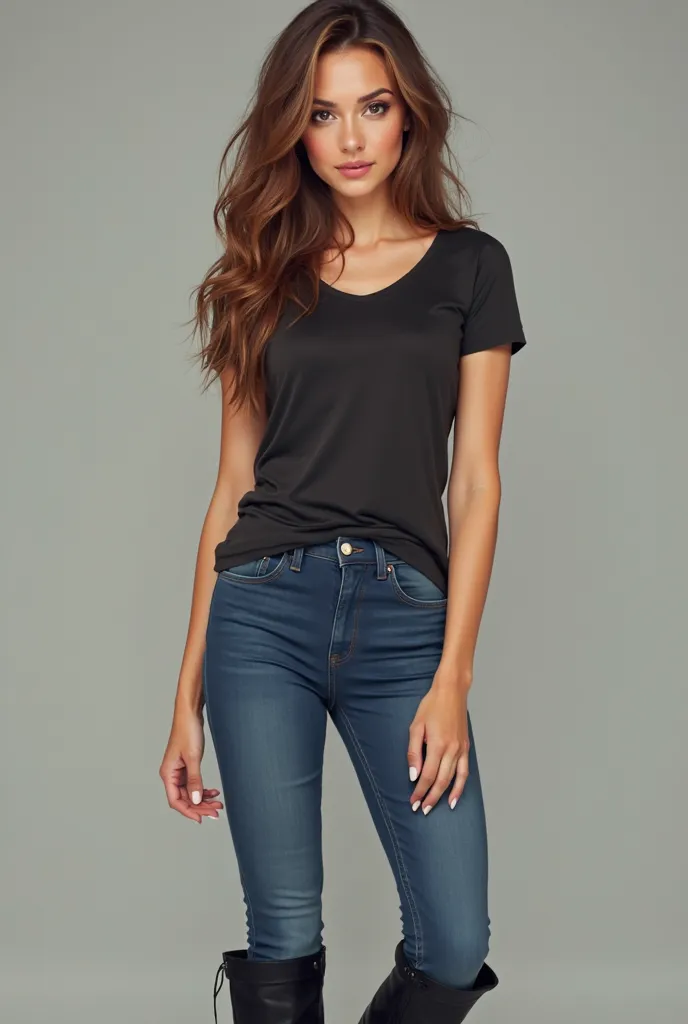 "Create an image of a woman who is about to turn 18. She has brown hair and fair skin. She is wearing a tight black t-shirt that shows her chest, and tight jeans underneath. The jeans are blue, and her hips are slightly noticeable. She also wears black, kn...