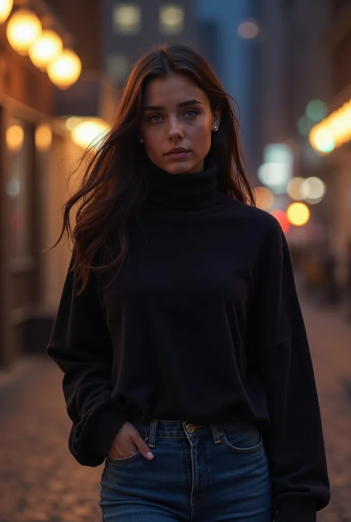 Create a 19 year old woman with dark brown and smooth hair.  elle marche dans la rue de nuit et porte un pull noir et un jean. Elle a les yeux bleus et un piercing au nez. Le piercing est important. Elle inspire confiance et a confiance en elle 