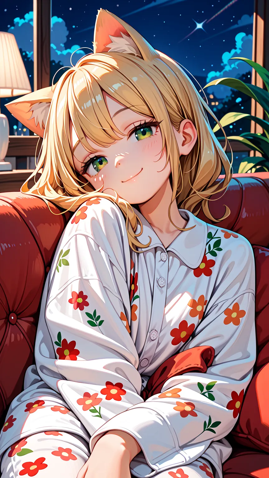 Her ears have changed into cat ears. Blonde long-haired toddler, night, close-up shot, round face, wicked smile, girl: 1, sleepy green eyes, beautiful skin, white pajamas with floral pattern, asleep on sofa