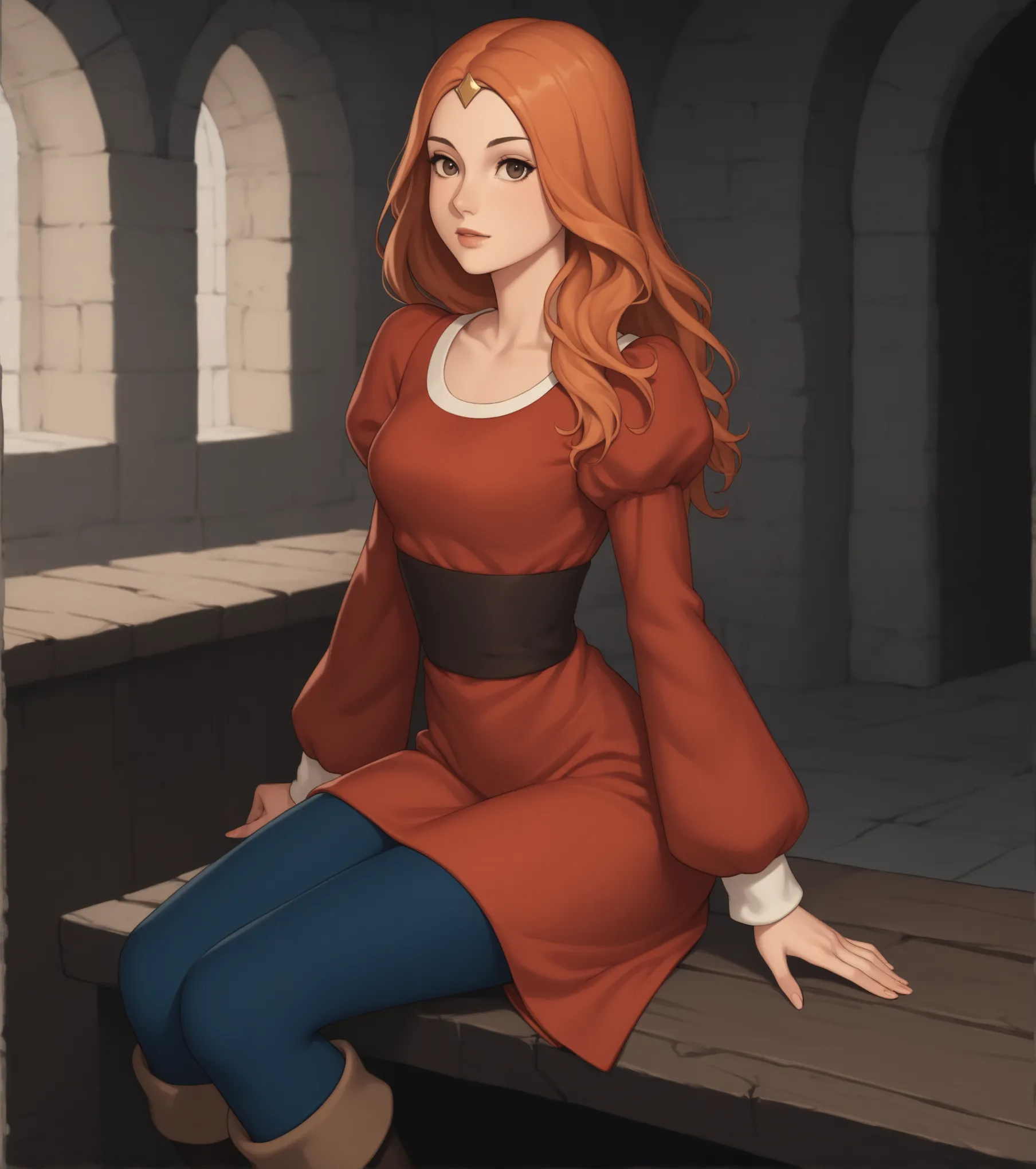 score_9, score_8_up, score_7_up,
beautiful aesthetic, very intricate, high quality details
princess_sabina, red hair, long hair (brown eyes), looking at viewer, indoors, castle, red tunic long sleeves dark blue leggings goldenrod boots 
