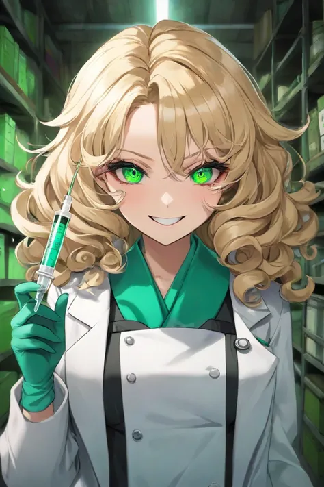 I want a female ager she's a doctor and she's wearing doctor's costumes but she's dirty with blood she has a macabre smile her hair is curly blond and she made them very curly she has green eyes but the pressure on her face is pure madness she heals a syri...