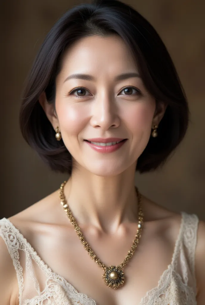 close-up portrait、 50 year old Japanese woman、fine lines of laughter、CLASSIC MAKEUP、Bordeaux lip 、Cat Eye Line 、subtle highlights、 NATURAL HAIR 、classic vintage style party dress、High neck design、 delicate lace decoration 、ANTIQUE GOLD NECKLACE AND EARRING...