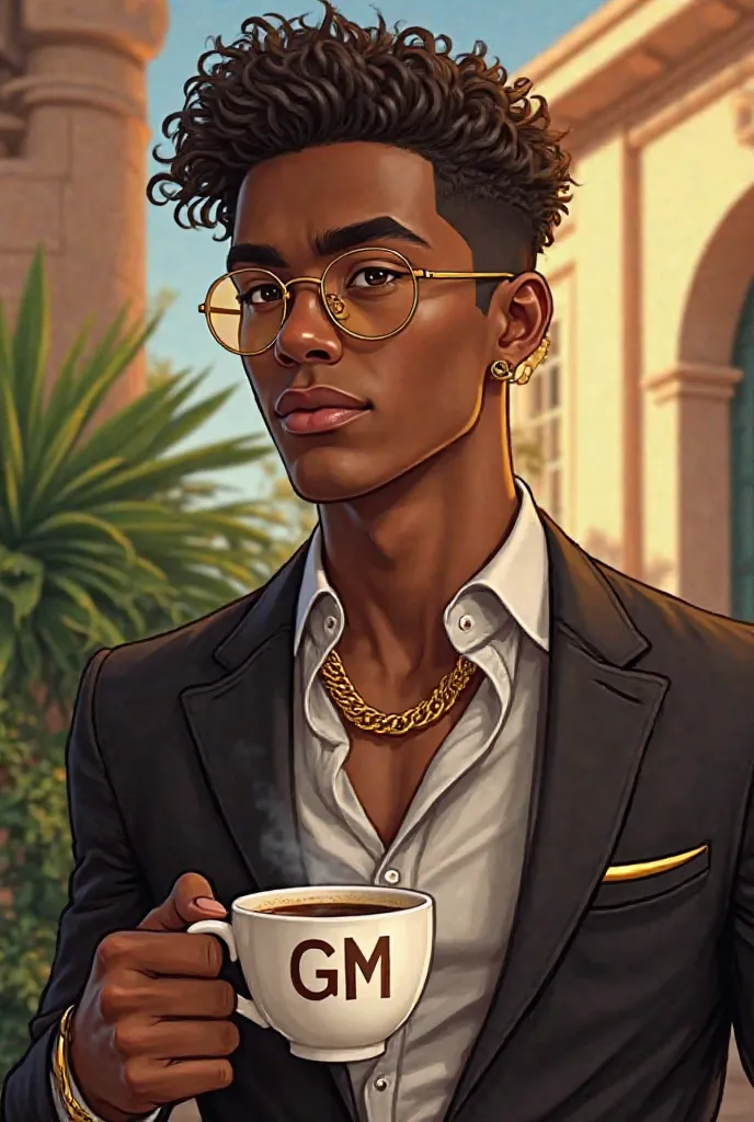 "A confident young man with rich brown skin, short curly fade haircut, and stylish golden glasses. He wears a sleek black suit with a crisp white shirt underneath, exuding luxury and sophistication. A thick gold chain necklace rests on his chest, complemen...