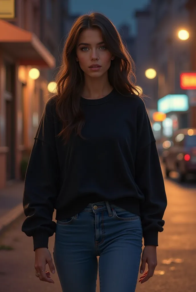 Create a 19 year old woman with dark brown and smooth hair.  elle marche dans la rue de nuit et porte un pull noir et un jean. Elle a les yeux bleus et un piercing au nez. Le piercing est important. Elle inspire confiance et a confiance en elle 