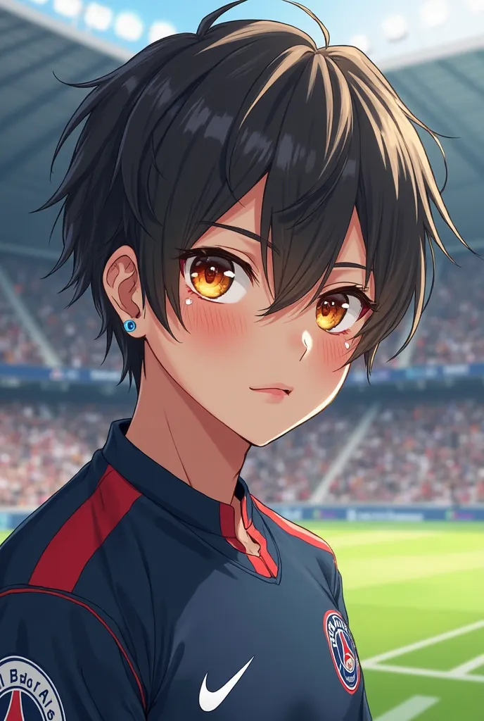  White man. From Straight Black Hair Down with Orange Highlights to the Chin, Orange Eyes with Lighter Lower Part, Very Discreet Freckles, Team Paris Saint Germain Football Uniform,  inside a soccer field , More Details like Earrings and etc... In a soccer...