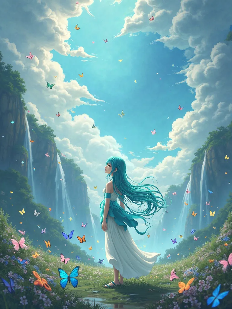 Hatsune Miku with butterflies flying on a fantasy background