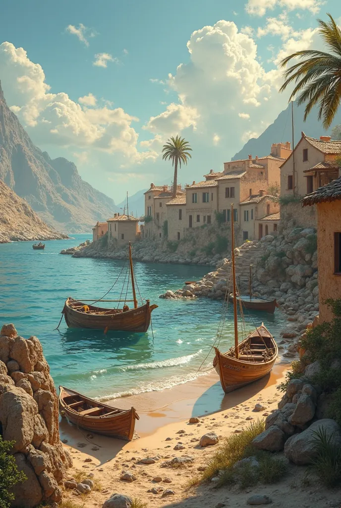 Create a scenario of a city from the time of Jesus, Where are there several beachfront houses, with several simple fishing boats and a totally medieval environment. This environment must be reminiscent of the place where Jesus called some of his disciples....