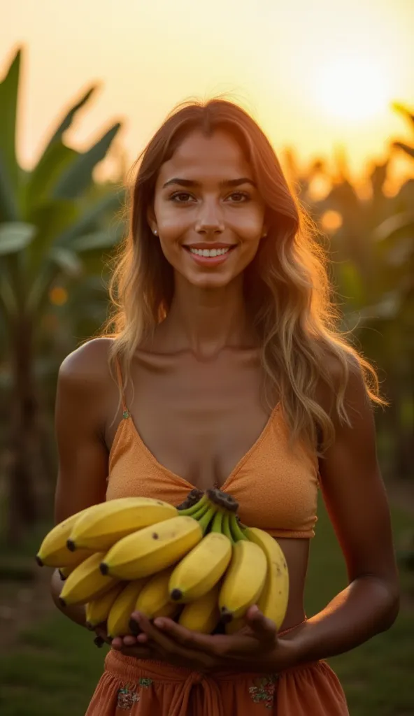 high quality, 8K ultra HD, Latin woman, adult, slightly larger than the one in the reference photo, holding a bunch of bananas, In the background a banana crop, Sunny twilight day, realistic style, Taken with eos90D camera