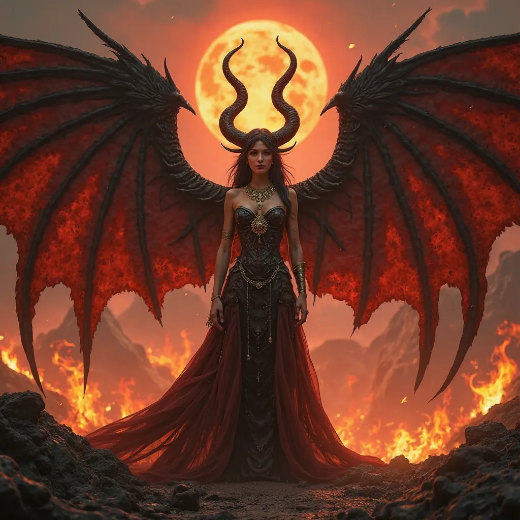 magnifique femme aux cornes de demons, Great Demon Wings, long gold jewelry dress, fond flamme style enfers 