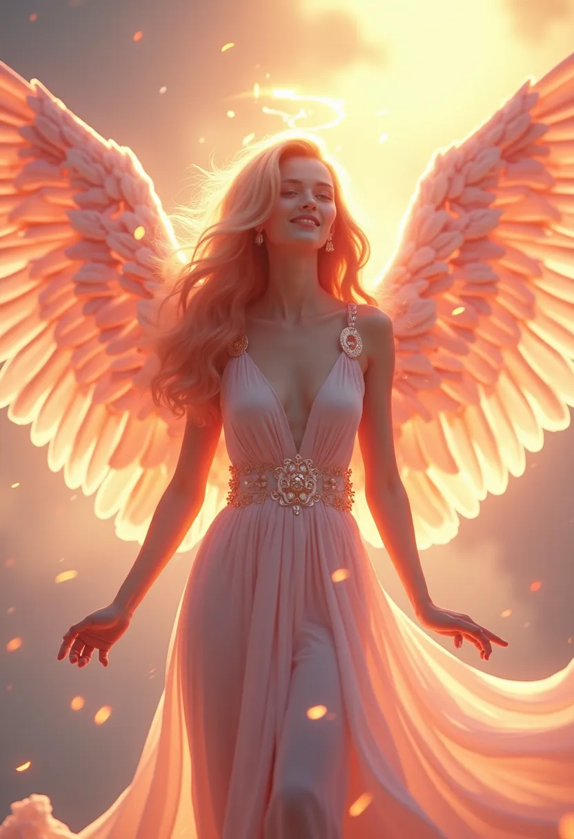 A pink female angel lighting up with love with her shining wings 