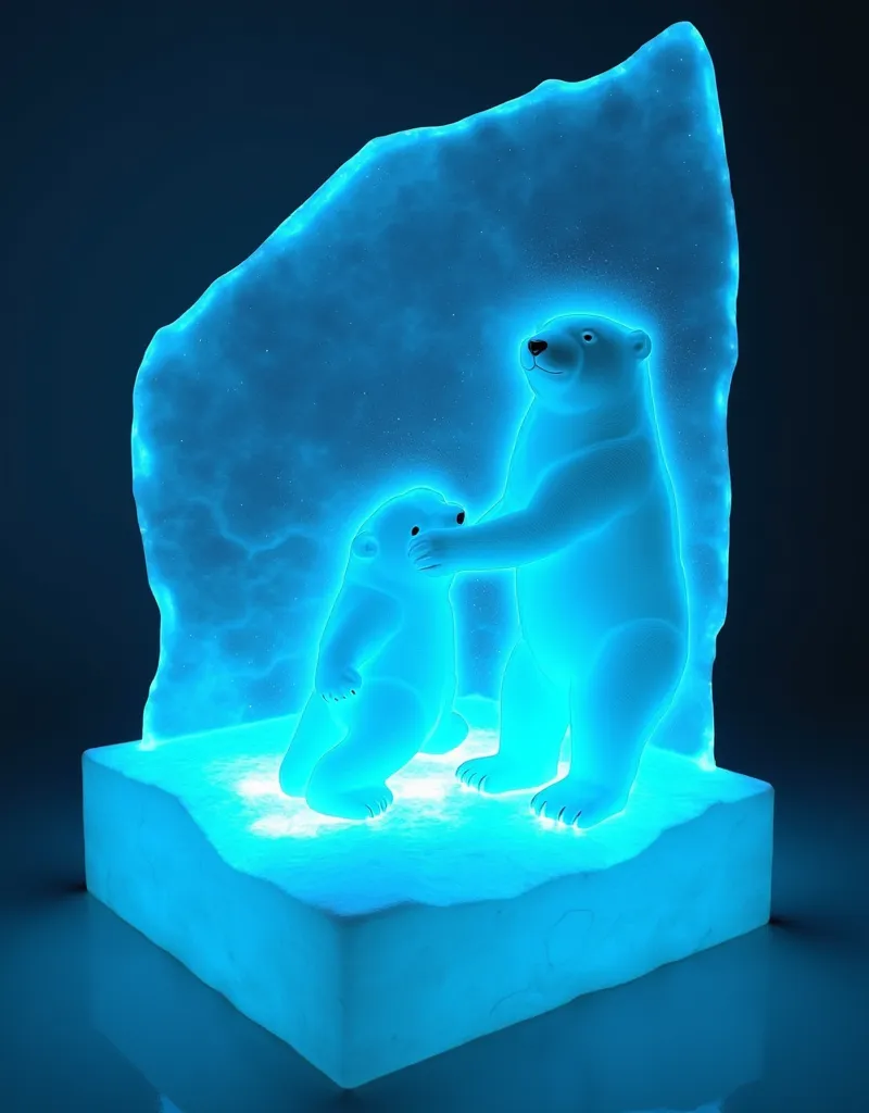 (((CardNFT :1.5 ))), plastic artwork, recyclable electronics, light blue LED lighting ,  Image of a polar bear mother and cub in the glaciers all inside the NFT CARD,  (((all previous information about a sculpture not yet created in the NFTcard format)))